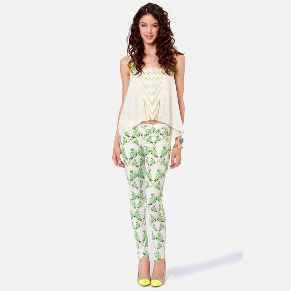 Dittos Denim Jessica Ivory Green Bird Print Jeggings Skinny Jeans Womens 26 NWT